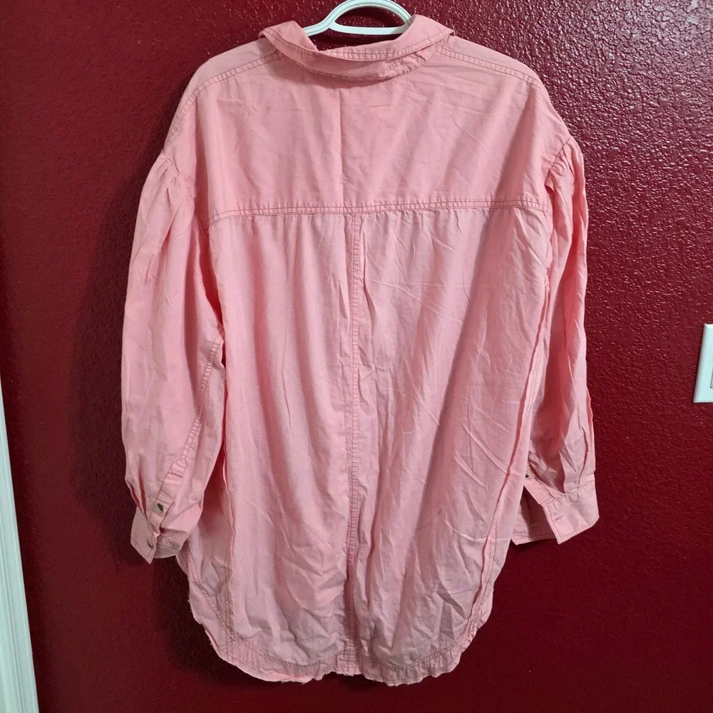 Free People We The Free Womens Large Happy Hour Poplin Top Pink Oversized Button